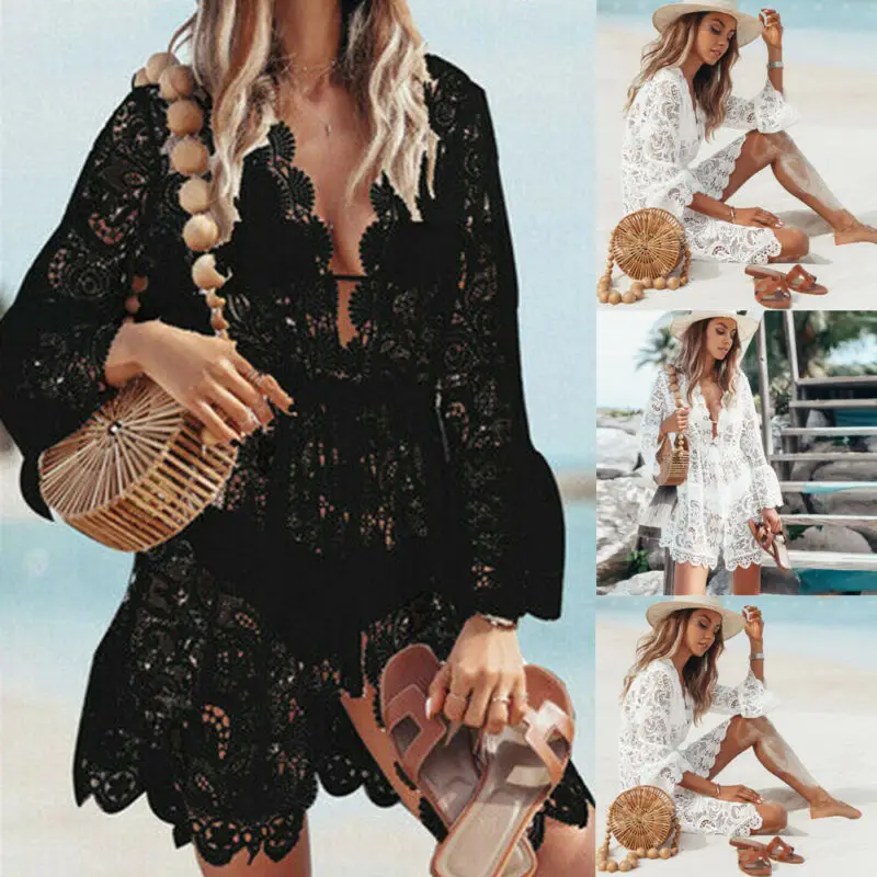 Women Sheer Bikini Cover Up Swimwear Sexy Lace Floral Swimsuit Bathing Suit Casual Loose Solid Summer Female Short Beach Dress 3