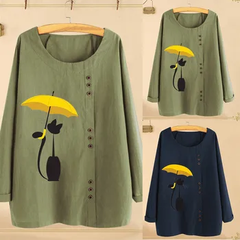 

Blouse Women Cat Print shirt Tops Round Neck Long Sleeve autumn fall ladies plus size M~2XL Loose buttons Casual blouse female