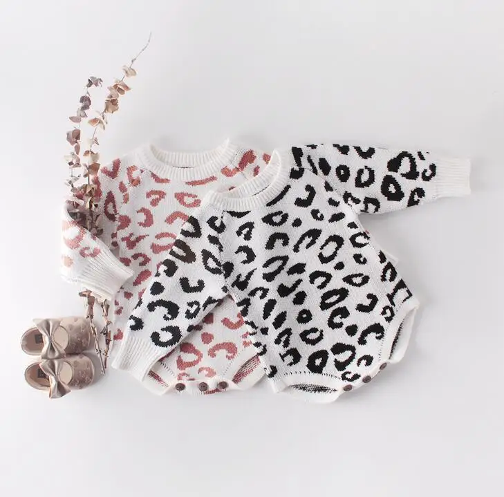 

Cute Kids Girls Leopard Print Autumn Spring Knitted Romper Western Toddler Baby Lovely Fashion Infant Clothing