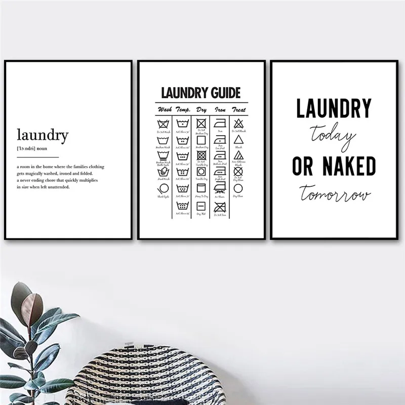 Laundry-Signs-Wall-Art-Canvas-Painting-Poster-Print-Black-White-Wash-Dry-Fold-Repeat-Molecular-Picture