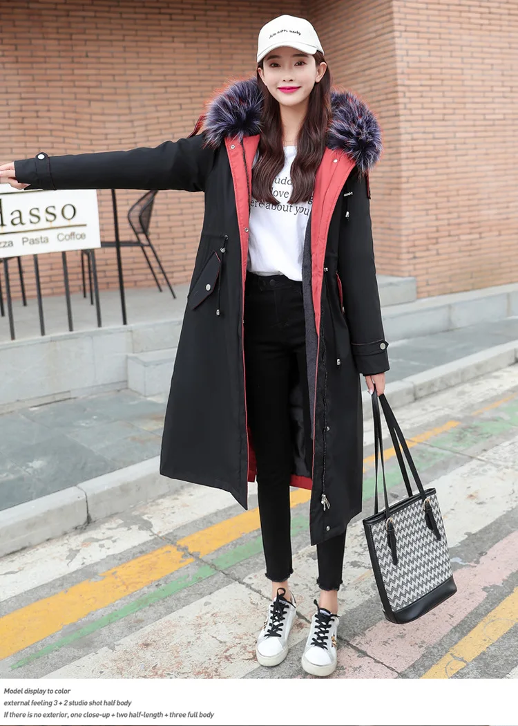 Winter New Style Thick plus Velvet Removable Shoulder over-the-Knee Long Hooded Large Fur Collar Women Coat Warm Cotton Coat
