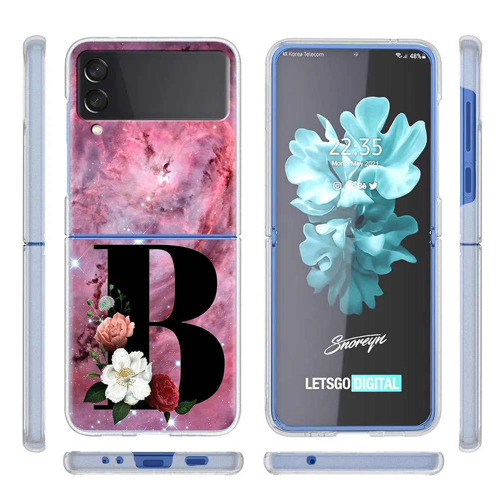 Letter A B Flowers Pink Case For Samsung Galaxy Z Flip 3 5G Transparent Hard Cell Phone Cover ZFlip3 Clear PC Luxury Fundas