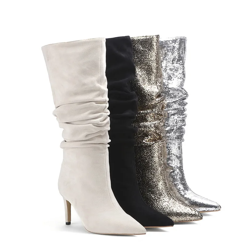 ASUMER new mid calf boots women pointed toe slip on classic ladies prom boots high heels wrinkle autumn winter boots