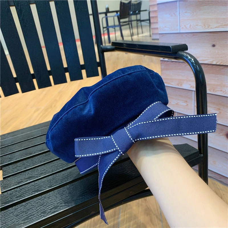 

2019Autumn Winter Woman Hat Fashion Ribbon Bow Beret Letter Embroidery Winter Hats Vintage Male Beret French Hat Navy Cap BLM104