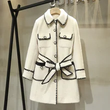 IHOBBY, Женское зимнее шерстяное пальто, теплое, средней длины, отложной воротник, большой карман с поясом, кашемировое пальто для женщин