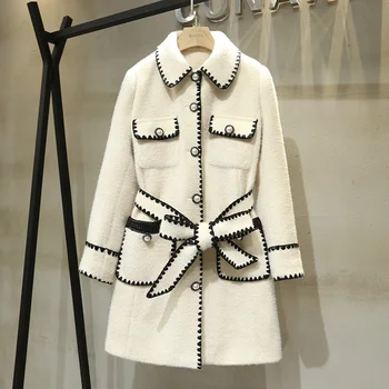 

IHOBBY Women Winter Wool Coat Warm Middle and Long Turn Down Collar Big Pocket with Belt Cashmere Coat Women