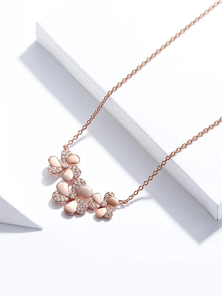 WOSTU Authentic 925 Sterling Silver Clover Nakelace Classic Gentle Rose Gold Color Flower Necklace For Women Jewelry BKN375