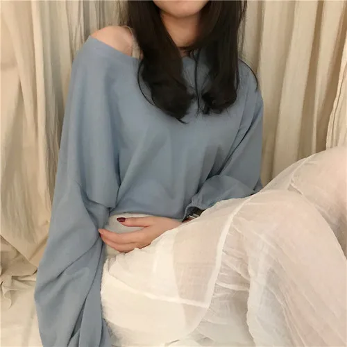 blue Neploe/свободная тонкая короткая футболка с круглым вырезом, Женская Повседневная футболка с длинными рукавами и фонариком, для студентов, Poleras Mujer De Moda, однотонные осенние безрукавки 46514 - Цвет: blue