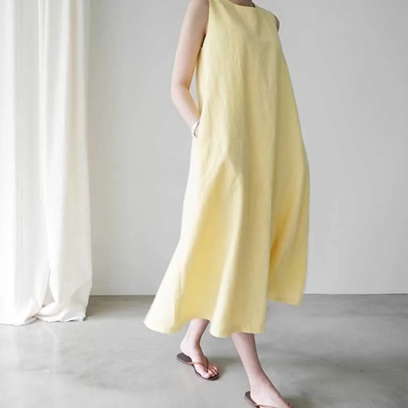 Plus Size Cotton Linen One-Piece Dress 2020 New Summer Women Loose Sleeveless Elegant Dress Korean Holiday Dress Vestidos Female