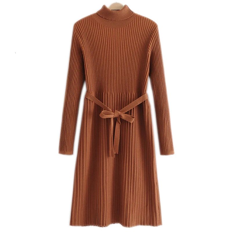 

New Spring Random semi -high collar sweater knitted dress Fall /Winter sleeves Slender belt Women's sweater skirt YM170