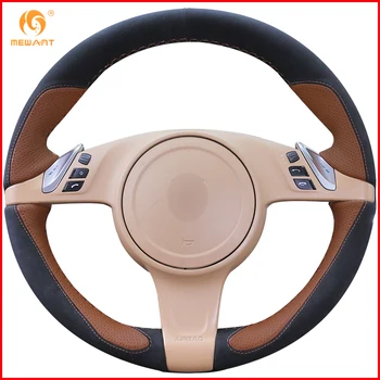

MEWANT Brown Leather Black Suede Car Steering Wheel Cover for Porsche Cayenne Panamera 2010 2011 Interior Accessories Parts