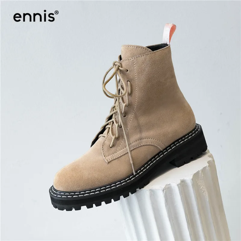 ENNIS Autumn Winter Women Boots Genuine Leather Platform Thick Sole Martin Boots Lace Up Ankle Boots Suede Zip Shoes A9160 - Цвет: Apricot Plush Inside