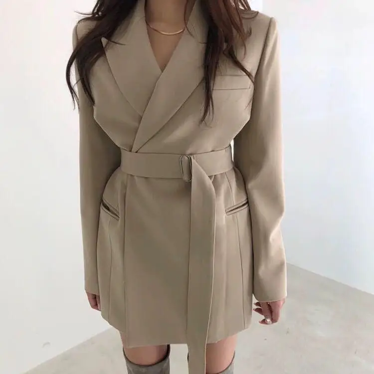 Черный, хаки длинный Костюмный пиджак ремень тонкая талия Дамская офисная куртка осень пальто оверсайз Корейская женская верхняя одежда