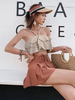 

New Style Two-piece Swimsuits Women's Flounced Underwire Small Bust Gathering-Slim Fit Backless Spa Resort Swimwear