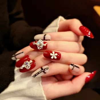 

24pcs faux nail with glue Fashion Long Fake Nails Oval Clear Red Gradient Japanese White Flower Decorated for Fashion Girls