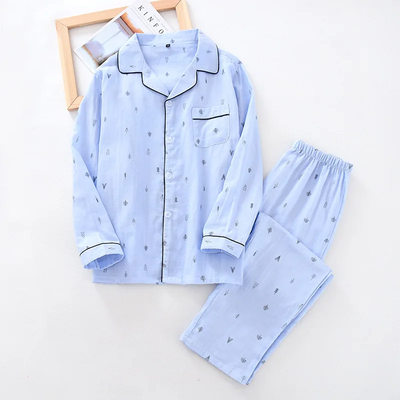 2020 New Men's Long Sleeve Cotton Pajamas Turn-down Collar Elastic Waist Nightwear Thin Casual Men Sleepwear Home Sleeping Suits
