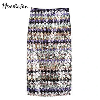 

Huaxiafan Women Skirts Sequined Plaid Skirts Party Night Women Sexy Skirt Shinny Back Split 2019 Femme Fashion Mid Calf Skirts