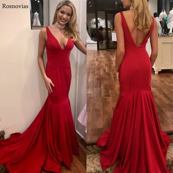 

2019 Red Formal Mermaid Evening Dresses Long V Neck Backless Sweep Train Party Prom Gowns Vestido De Fiesta Custom Cheap