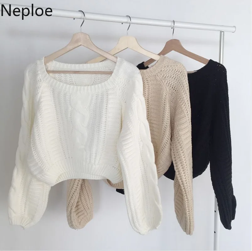 Neploe Pull Femme свободная короткая перекрестная вязка Топы Женские однотонные цветной фонарь свитер с длинными рукавами женские корейские модные новые уличные