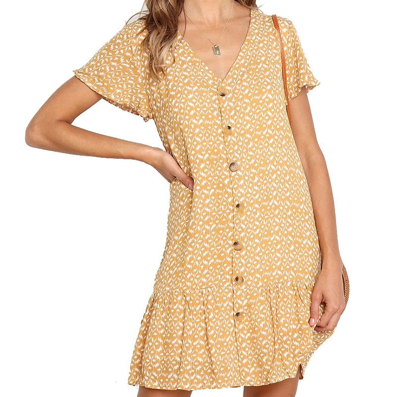 Новое летнее женское платье с принтом мини платья трапециевидной формы оборками