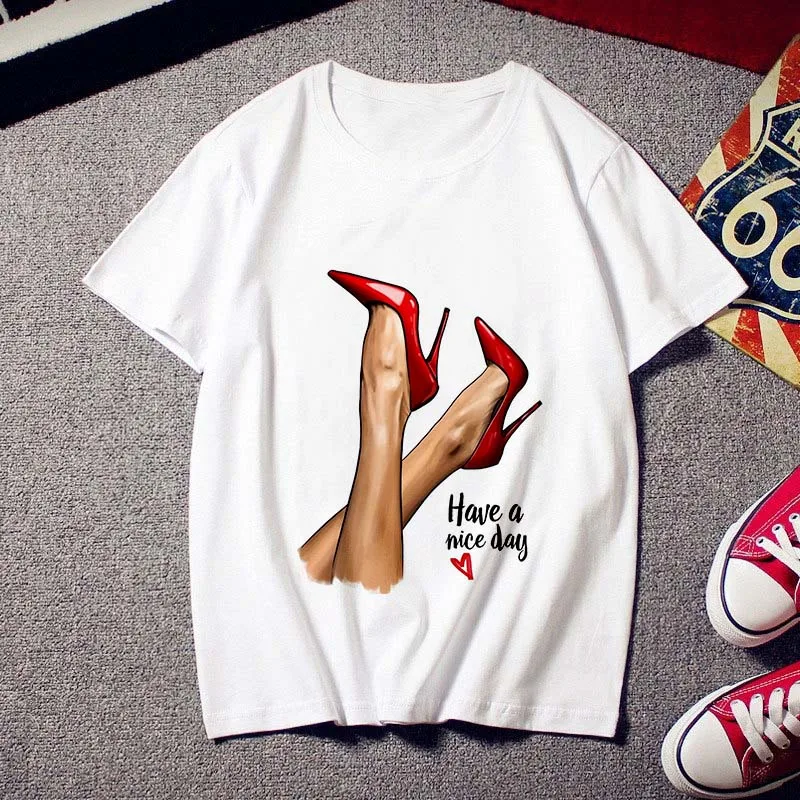 Women T shirt Fashion High heels printed Tees Tops clothing New Summer t-shirt Harajuku personality Thin section tshirt female