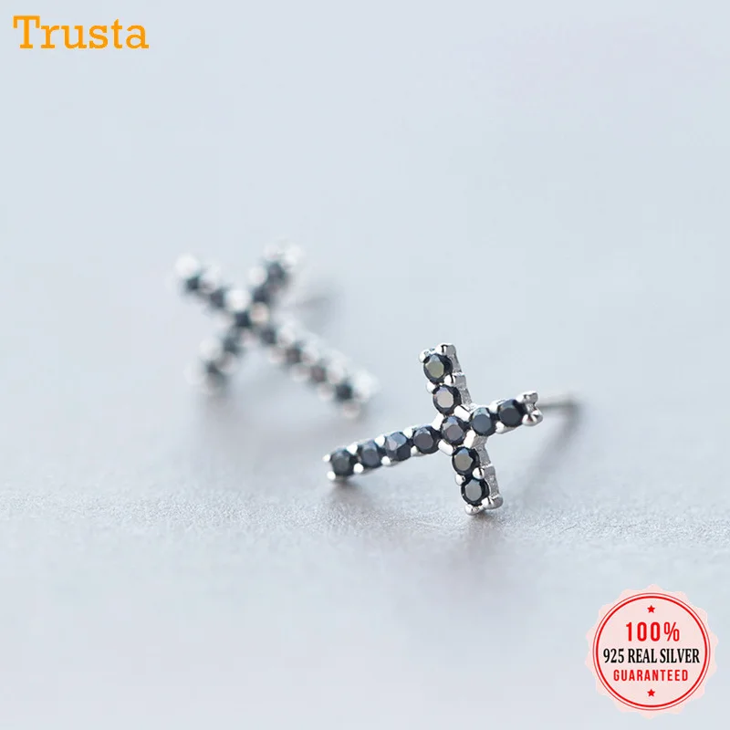 Trustdavis, 925, твердые, Настоящее серебро, крест, Черный CZ, серьги-гвоздики для женщин, девочек, детей, леди, мода, хорошее ювелирное изделие DA129