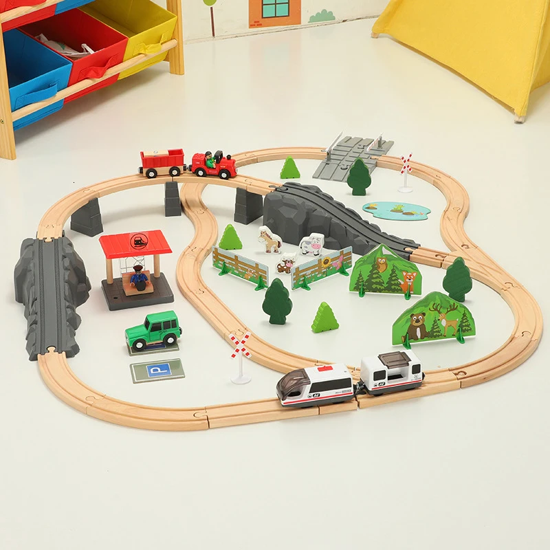 Деревянная железнодорожная дорожка Набор Мост станция деревянный поезд треки совместимы с Томом магнитные железнодорожные автомобильные игрушки для детей Подарки
