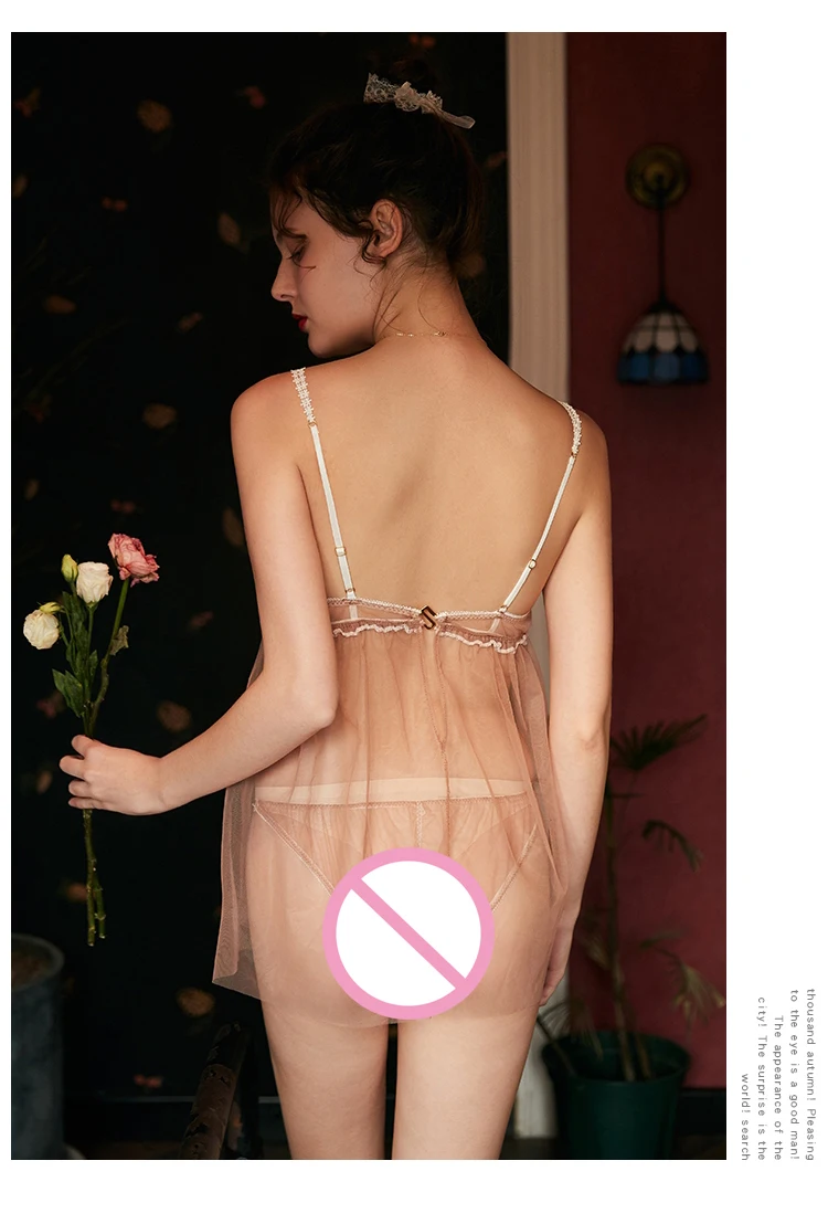 Womens Clothing Sexy Thin Short Strapless Lace Sling Perspective Light Brown Mesh Nightdress Set Sleepwear Set Lingerie Dress