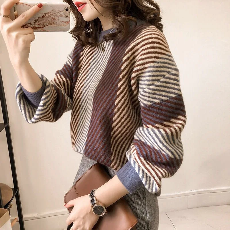 

Sweater Women Short Striped Loose Round Neck Sweater 2019 Autumn And Winter New Sweater Women Head Korean Jacket