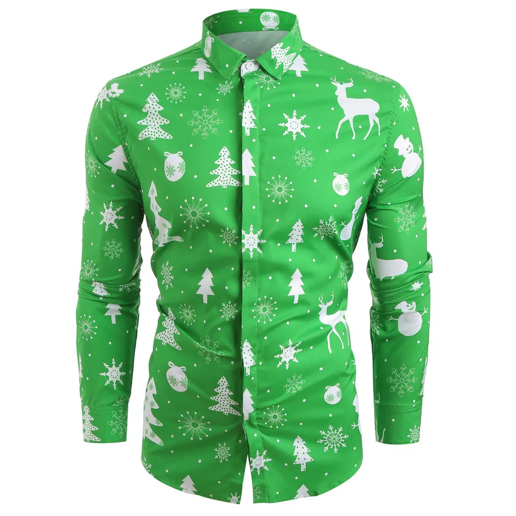 Green Funnyshirt с принтом, с длинным рукавом, на пуговицах, Мужская одежда, повседневная, снежинки, Рождественская, Печать оленей, рубашка, новогодние, вечерние, блузки - Цвет: Green