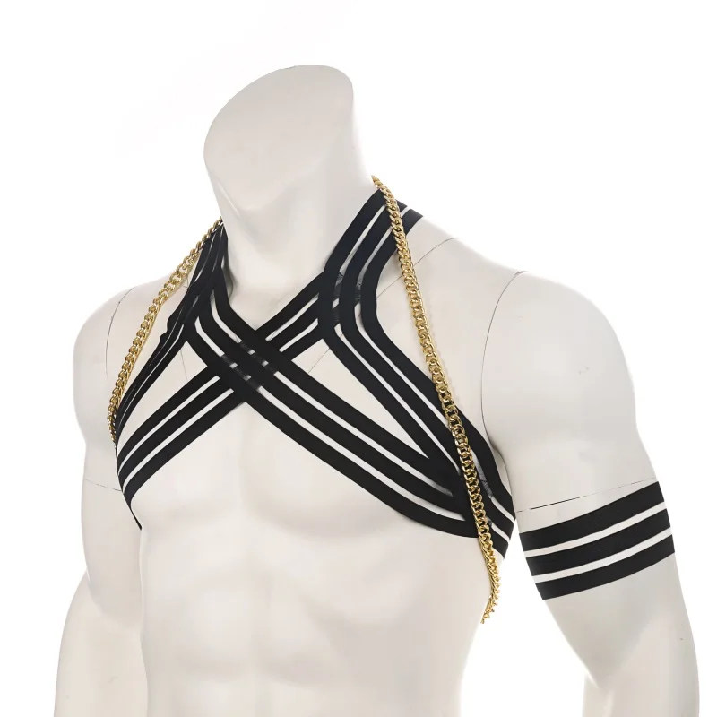 Hot Men Harness Bondage Nylon X-Shape Design Chest Harness Men Wide Shoulder Muscle Belt With Chain
