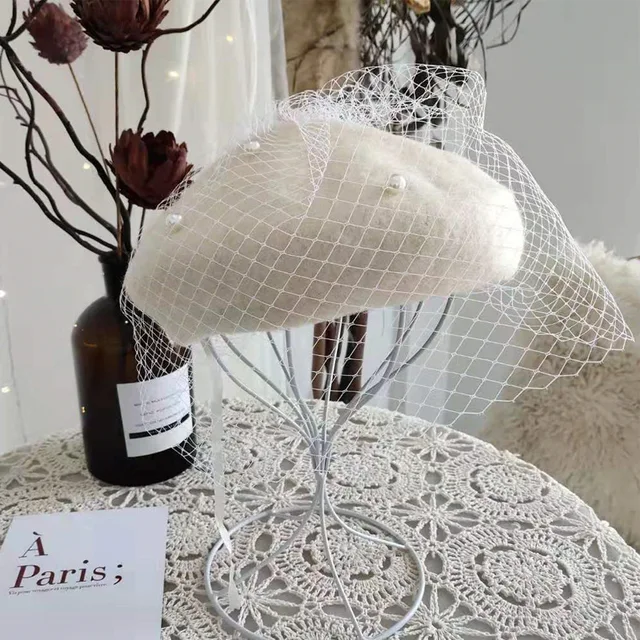Chic Wool Blend Vintage London Beret With Veil Mesh Show Double Layer Women Beret Beanies Cap For Ladys Banquet white