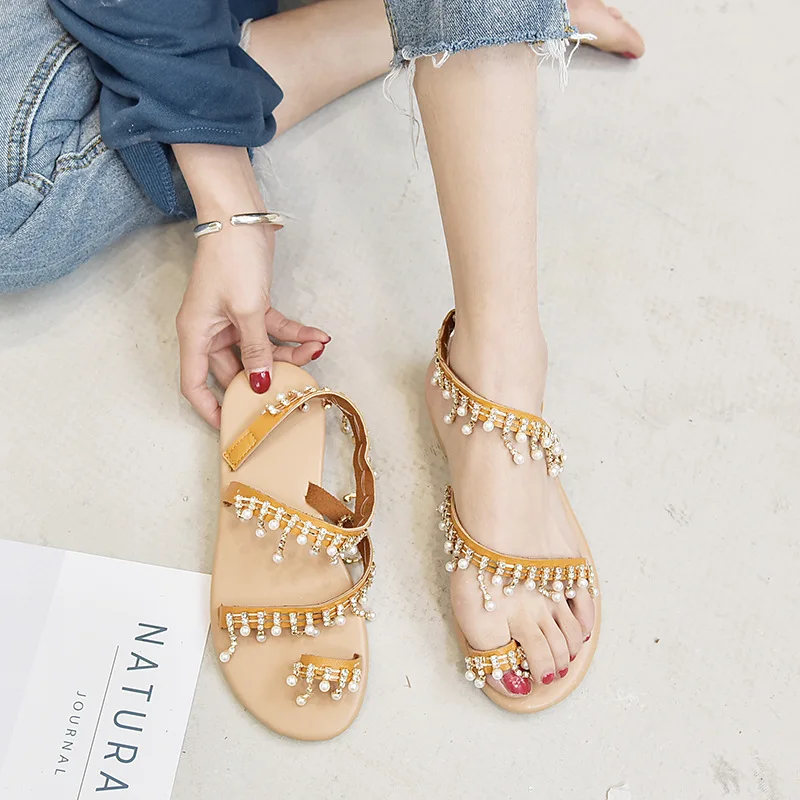 

Large Size Pearl Sandals Women's 2019 Spring And Summer New Style Europe And America Handmade Beaded Bracelet-Style Gladiator Sa