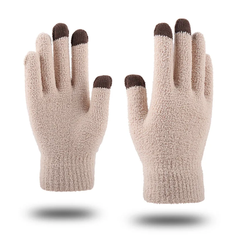 Khaki Новые зимние женские теплые Flence мужские варежки двойные толстые наручные женские перчатки для вождения с сенсорным экраном G021 - Цвет: Khaki
