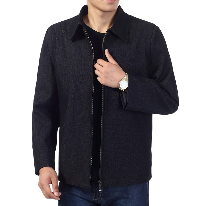 Мужские демисезонные куртки Smart casual базовое пальто с отложным воротником черная верхняя одежда для зрелых мужчин куртка на молнии спереди Китайская одежда