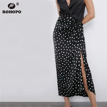 ROHOPO/Белая Юбка-миди с узором в горошек, прямая юбка-миди с разрезом по бокам и драпировкой на талии, Женская шелковистая юбка до середины икры#2572