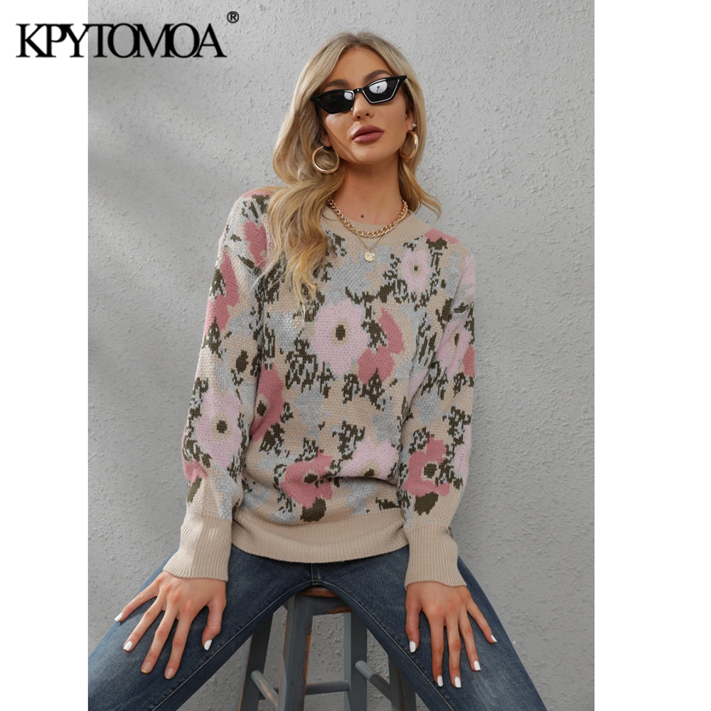 KPYTOMOA Women  Fashion Floral Oversize Jacquard Knit Sweater Vintage O Neck Long Sleeve Female Pullovers Chic Tops black cardigan