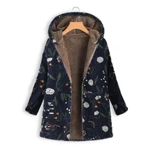Женское пальто с капюшоном из пушистого меха, с цветочным принтом, женская зимняя куртка Vinatge, повседневная одежда пальто, большие размеры, женские парки