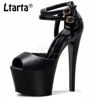 

LTARTA 13cm Heels Net Red With Black Fish-Mouth Ultra High Heels Platform Sandals Sexy Large-Size Night Shoes LYP