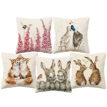 

Baby Animal Tiger Rabbit Duck Cow Squirrel Dog Cushion Cover Hand Painting Animals Linen Throw Pillow Cover Sofa Decoration