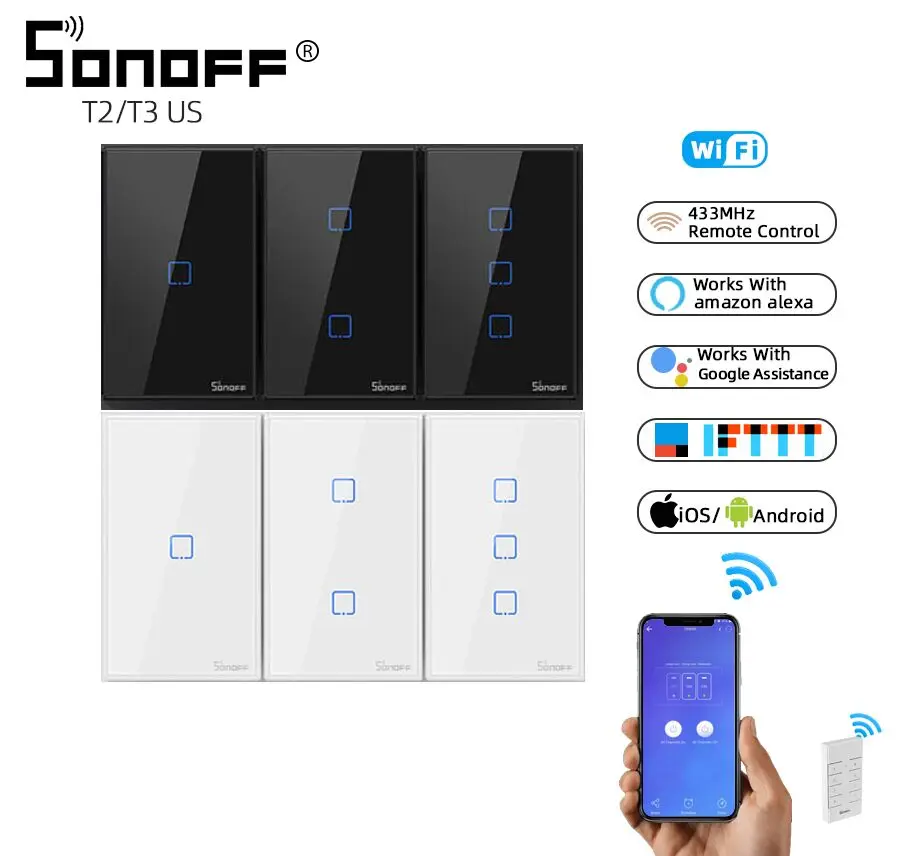 SONOFF TX T2/T3 США черный 1/2/3 Gang RF 433 МГц дистанционное управление беспроводной Wi-Fi