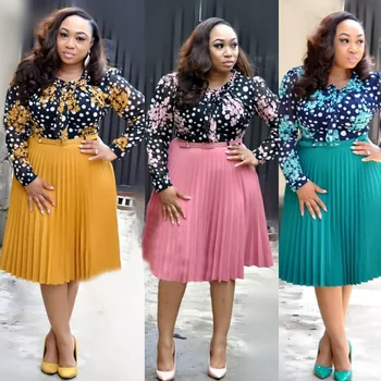 

African Printed Pleated Dress Patchwork Floral Chiffon 2020 Summer Long Sleeve Ruffle Fashion Bow Shirt Collar African Dress