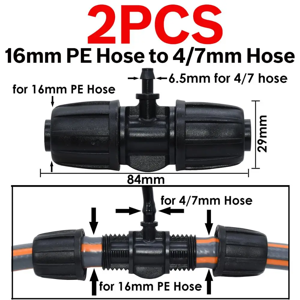 KESLA 2PCS 16mm 1/2'' PE Pipe Connector Splitter Tee Coupling Threaded Lock to 4/7mm 3/5mm Hose Garden Watering Drip Irrigation 