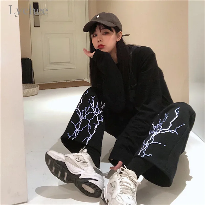 Lychee Harajuku Женские флисовые штаны с принтом молнии повседневные эластичной