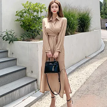 

New 2 Pieces Set Office Casual Women Autumn Korean Lace-up Shirts + Fashion Spaghetti Strap Long Solid Sexy Dress Work Suits