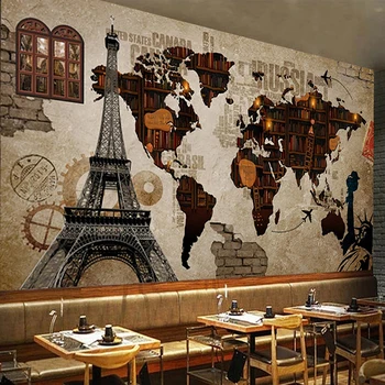 

Photo Wallpaper 3D Retro Creative Map Bookshelf Brick Wall City Building Murals Restaurant Cafe Background Wall 3D Wall Sticker