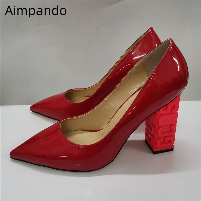

Carved Letter Chunky Heel Dress Shoes Woman Sexy Pointed Toes Bright Red Patent Leather Slim Shallow Pumps Women