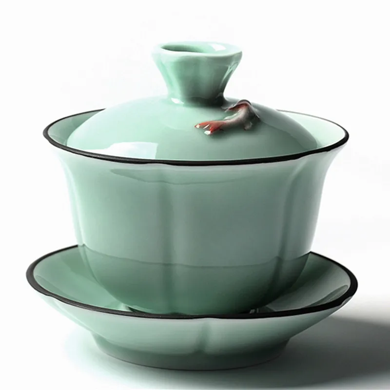 3D керамическая золотая рыбка Gaiwan Longquan Celadon чайный набор Tureen Gongfu чашка Tureen|Пиалы