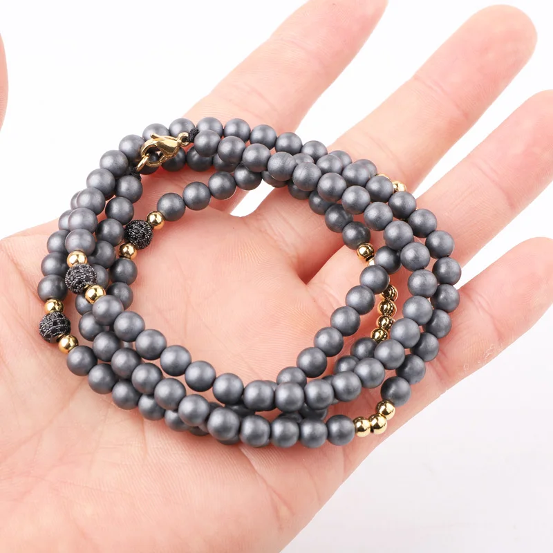 New Design Natural Stone Matte Onyx Stainless Steel Beads CZ Pave Ball Men Long Necklace 32inches Jewelry Gift Male - Image 5