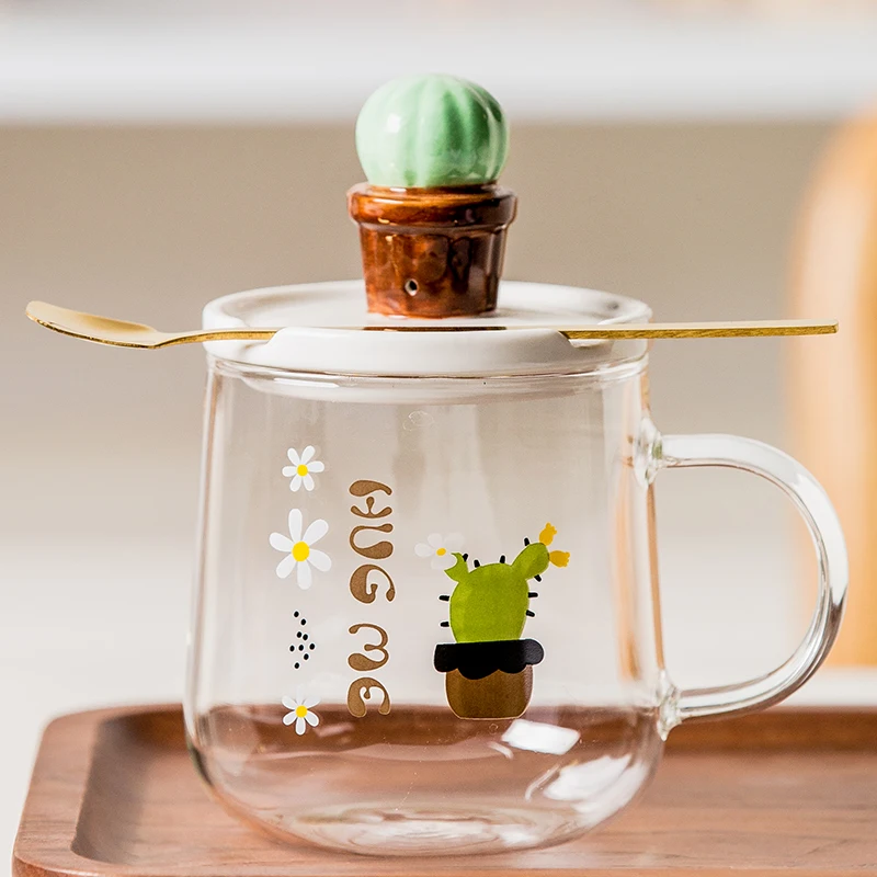 1 PC 500ml 16oz Heat Resistant Large Clear Glass Mug with Cactus